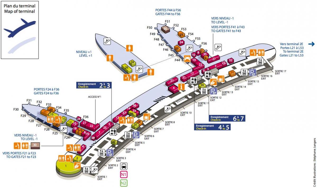 რუკა CDG აეროპორტის ტერმინალის 2F