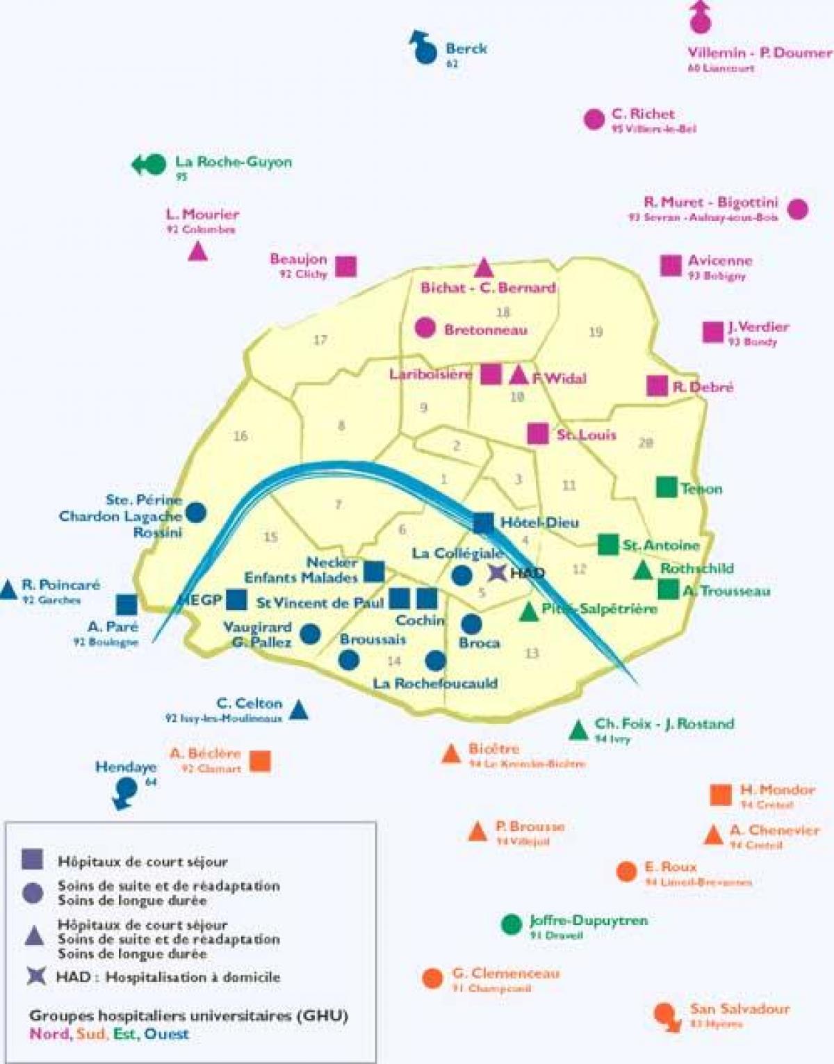 რუკა პარიზის საავადმყოფოები